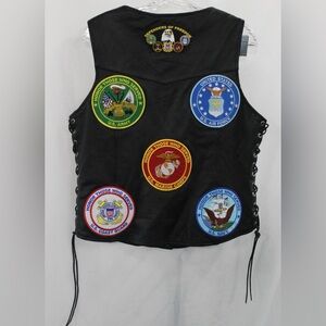 UNIK Leather Motorcycle Vest With Armed Forces Patches Size XL